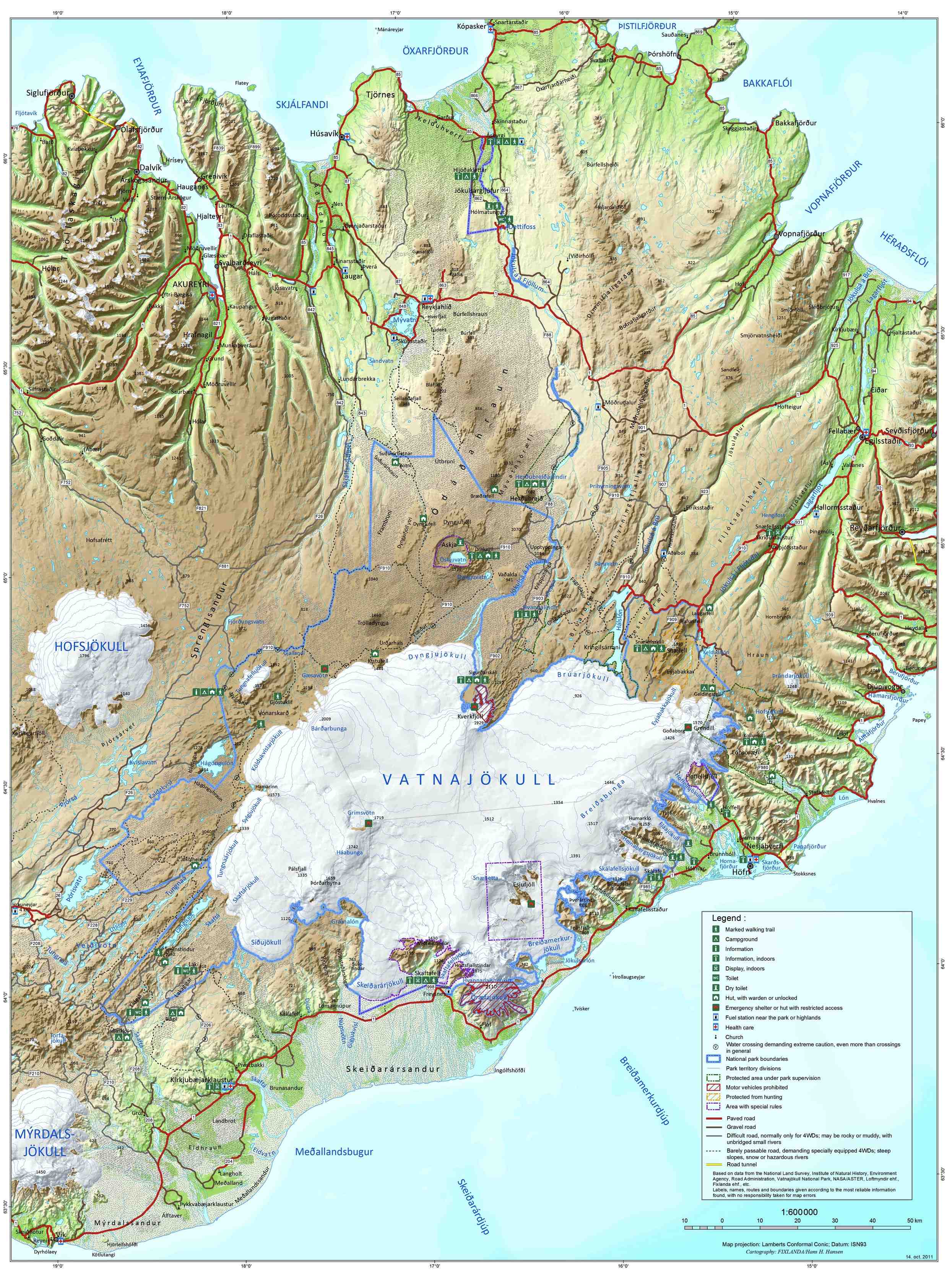 Mapa del Parque Nacional de Vatnajökull. Para ampliarlo pinche en él.