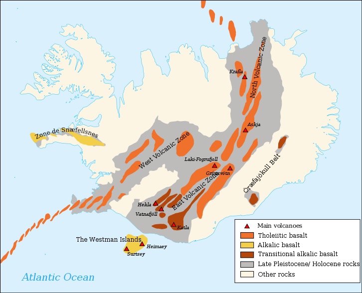 Mapa con las zonas volcánicas y la dorsal atlántica.